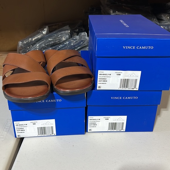 Vince Camuto Men’s COGNAC Waely Criss Cross Leather Upper Slide Sandal NEW NIB - Picture 15 of 16